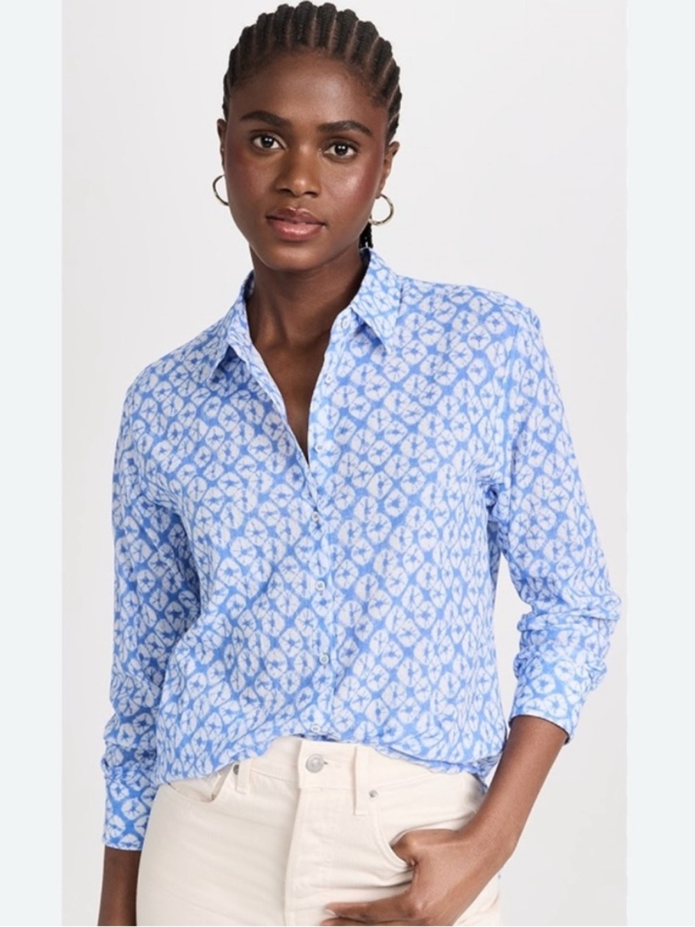 BOGO! Xirena Beau Button Front Cotton Shirt in Rio Shell Print Blue White XS